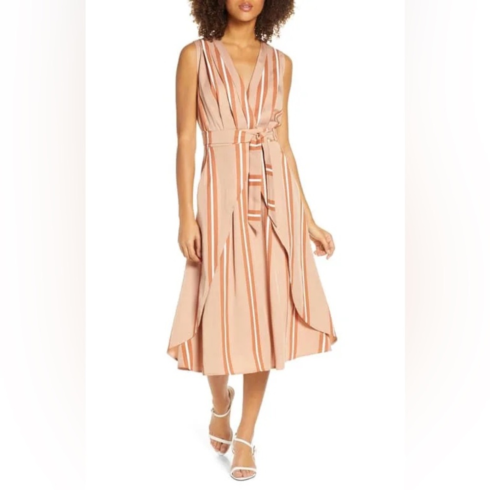 Sancia Ada Brown Tan Stripe Faux Wrap Midi Dress in Hana Stripe